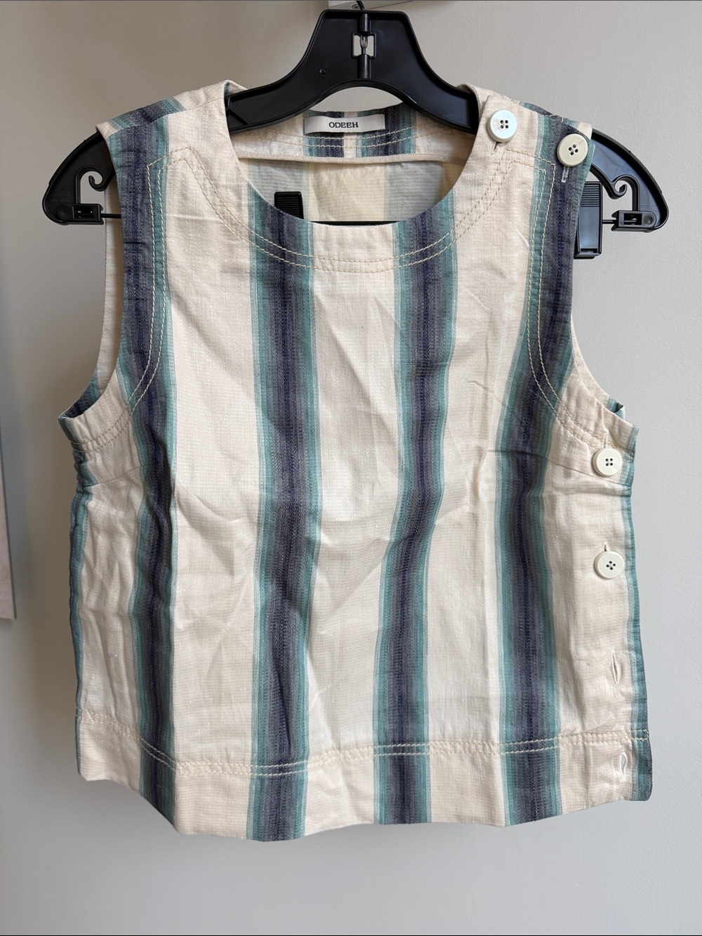 Sleeveless Striped Button-Side Cotton Top in Cream and Teal - never worn!